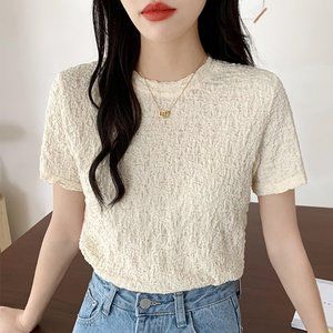 Summer New Women T Shirt Folds Solid Simple Basic